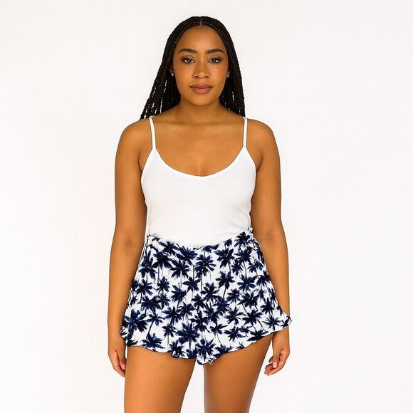 Forever 21 White and Blue Palm Tree Tropical Shorts Lightweight elastic waist M - Picture 1 of 9